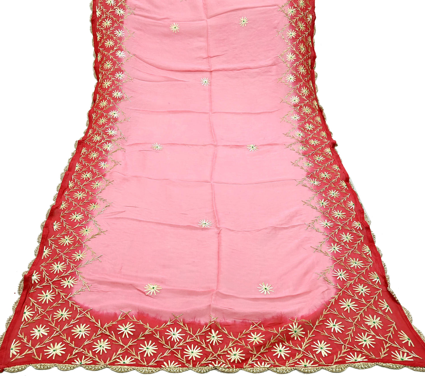 Indian Vintage Dupatta Pink & Red Organza Long Stole Hand Embroidered Scarves Veil Zari Sequins