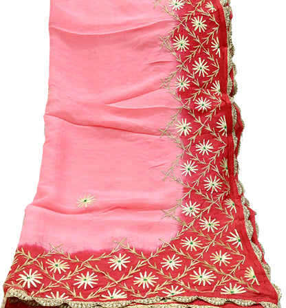 Indian Vintage Dupatta Pink & Red Organza Long Stole Hand Embroidered Scarves Veil Zari Sequins