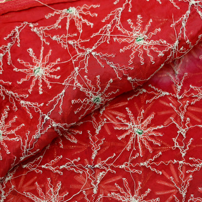 Indian Vintage Dupatta Pink & Red Organza Long Stole Hand Embroidered Scarves Veil Zari Sequins