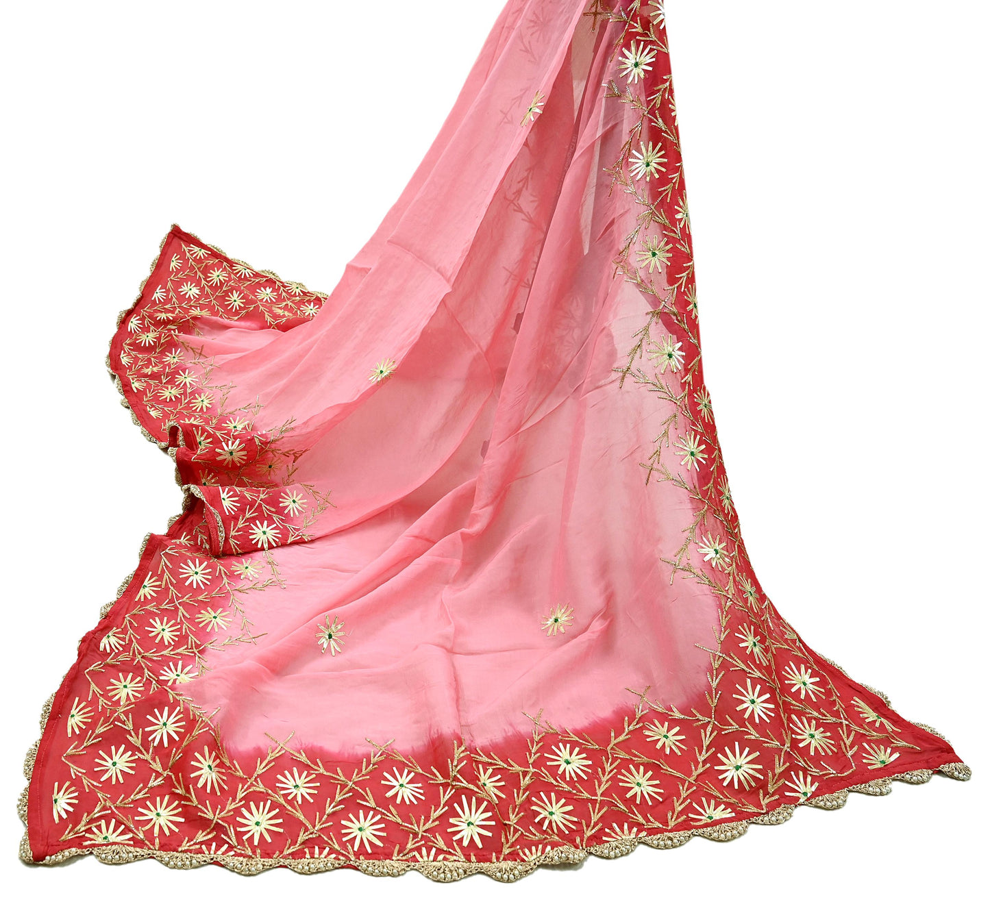 Indian Vintage Dupatta Pink & Red Organza Long Stole Hand Embroidered Scarves Veil Zari Sequins