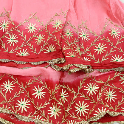 Indian Vintage Dupatta Pink & Red Organza Long Stole Hand Embroidered Scarves Veil Zari Sequins