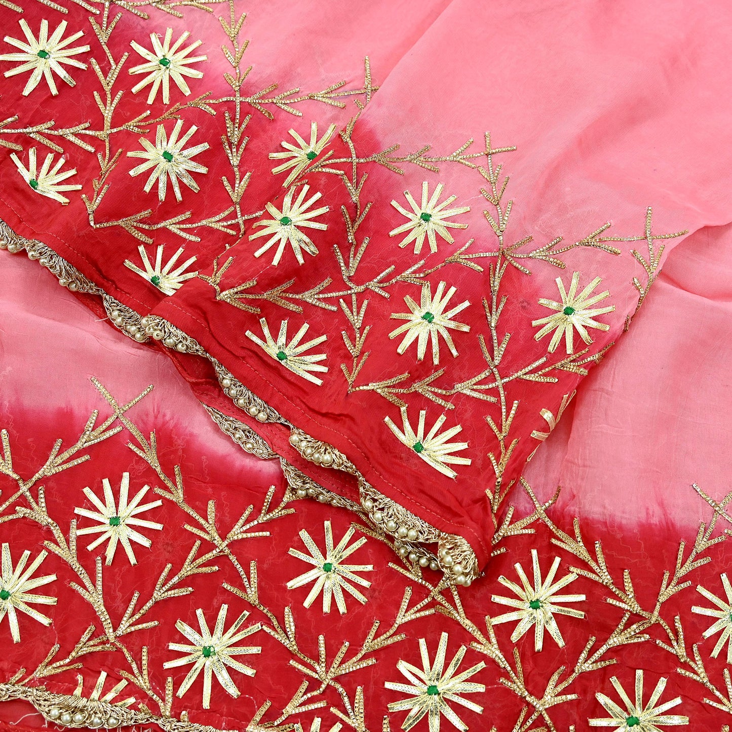 Indian Vintage Dupatta Pink & Red Organza Long Stole Hand Embroidered Scarves Veil Zari Sequins