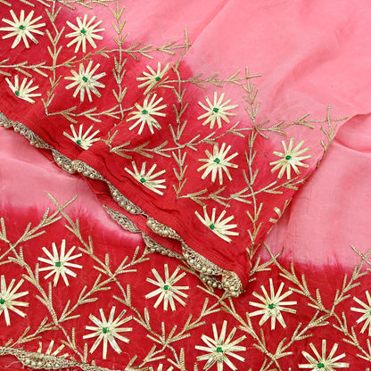 Indian Vintage Dupatta Pink & Red Organza Long Stole Hand Embroidered Scarves Veil Zari Sequins