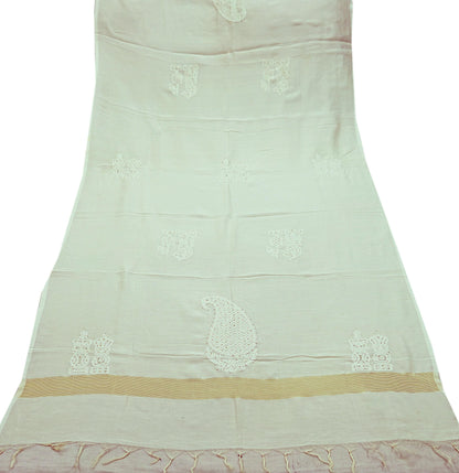 Indian Vintage Dupatta Ivory Long Stole Pure Chanderi silk Handmade Mukesh & Chikankari Scarves Veil Scarf Wrap Zari Floral Design