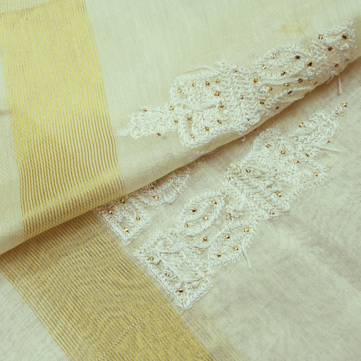 Indian Vintage Dupatta Ivory Long Stole Pure Chanderi silk Handmade Mukesh & Chikankari Scarves Veil Scarf Wrap Zari Floral Design