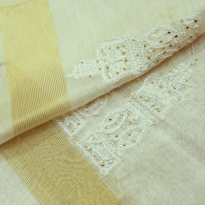 Indian Vintage Dupatta Ivory Long Stole Pure Chanderi silk Handmade Mukesh & Chikankari Scarves Veil Scarf Wrap Zari Floral Design