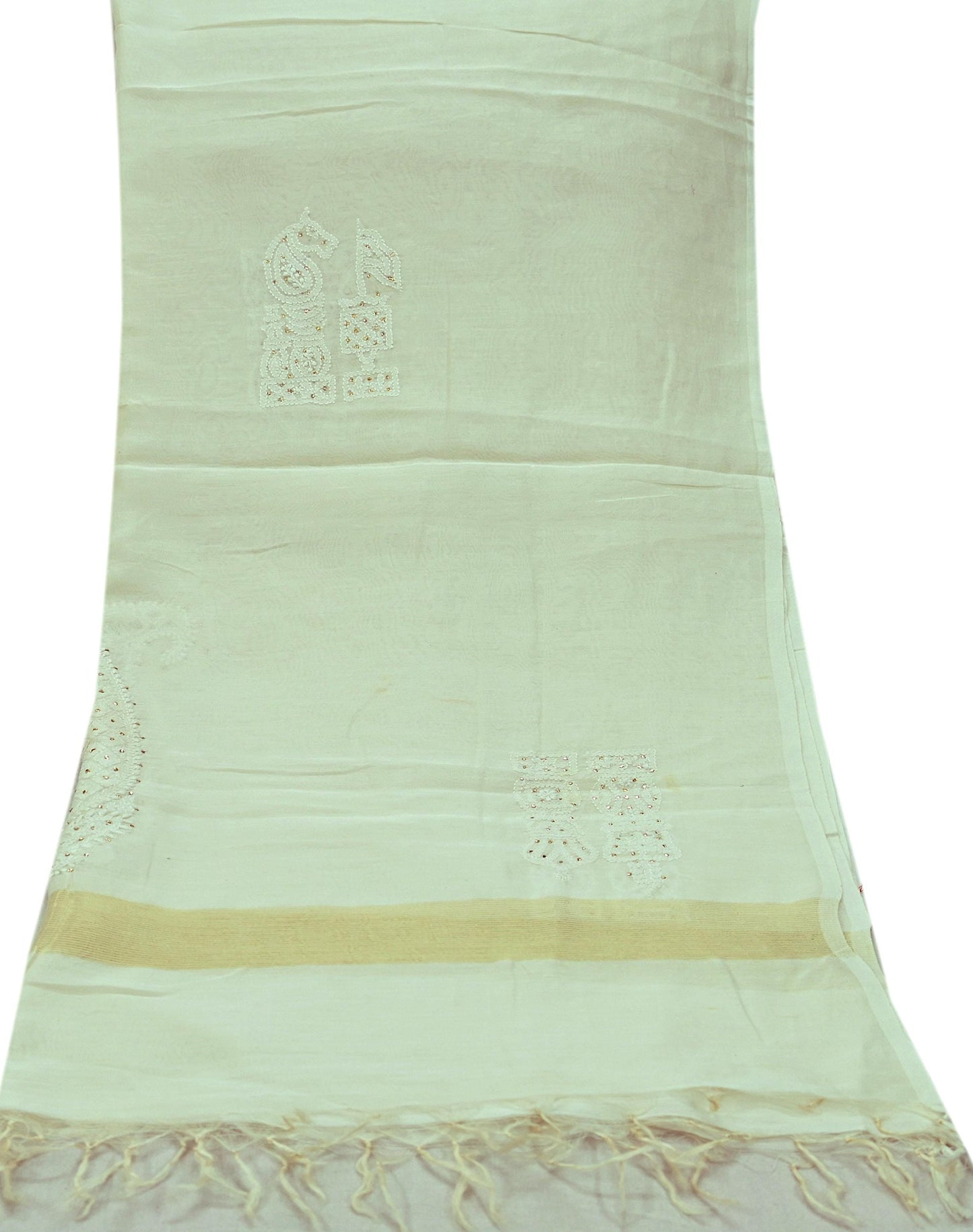 Indian Vintage Dupatta Ivory Long Stole Pure Chanderi silk Handmade Mukesh & Chikankari Scarves Veil Scarf Wrap Zari Floral Design