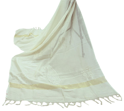 Indian Vintage Dupatta Ivory Long Stole Pure Chanderi silk Handmade Mukesh & Chikankari Scarves Veil Scarf Wrap Zari Floral Design