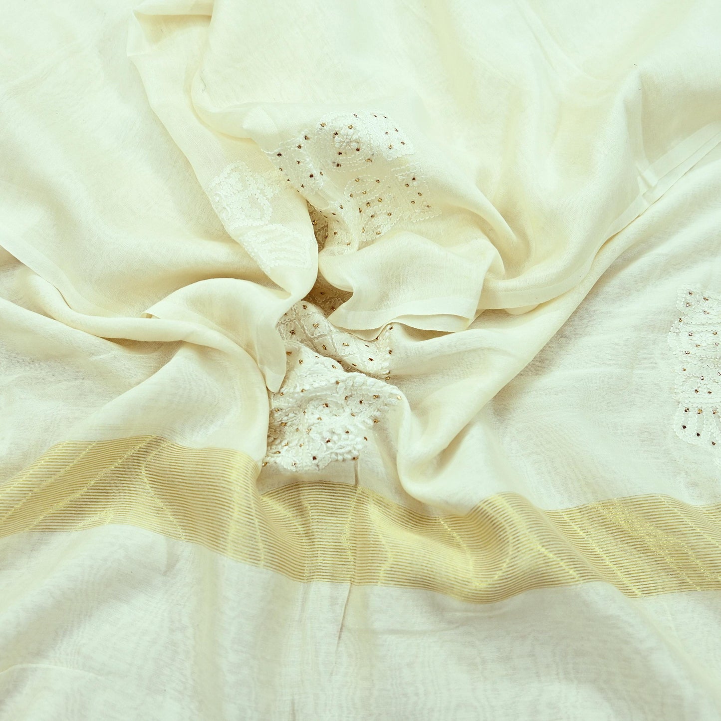 Indian Vintage Dupatta Ivory Long Stole Pure Chanderi silk Handmade Mukesh & Chikankari Scarves Veil Scarf Wrap Zari Floral Design