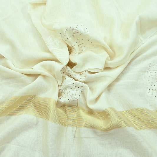 Indian Vintage Dupatta Ivory Long Stole Pure Chanderi silk Handmade Mukesh & Chikankari Scarves Veil Scarf Wrap Zari Floral Design
