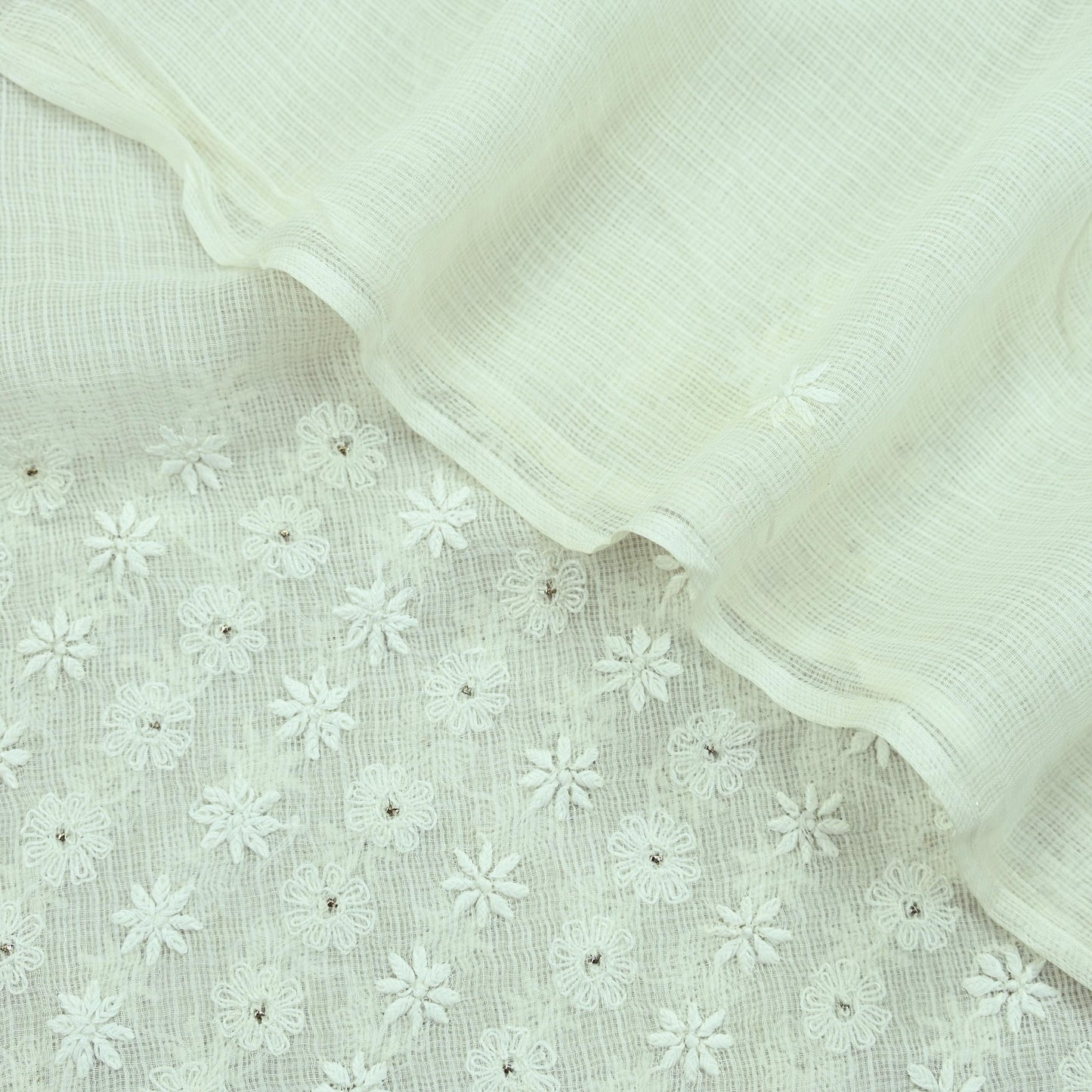 Indian Vintage White Dupatta Long Stole Pure Cotton Handmade Mukesh & Chikankari Scarves Veil Scarf Wrap Hippie Boho Soft