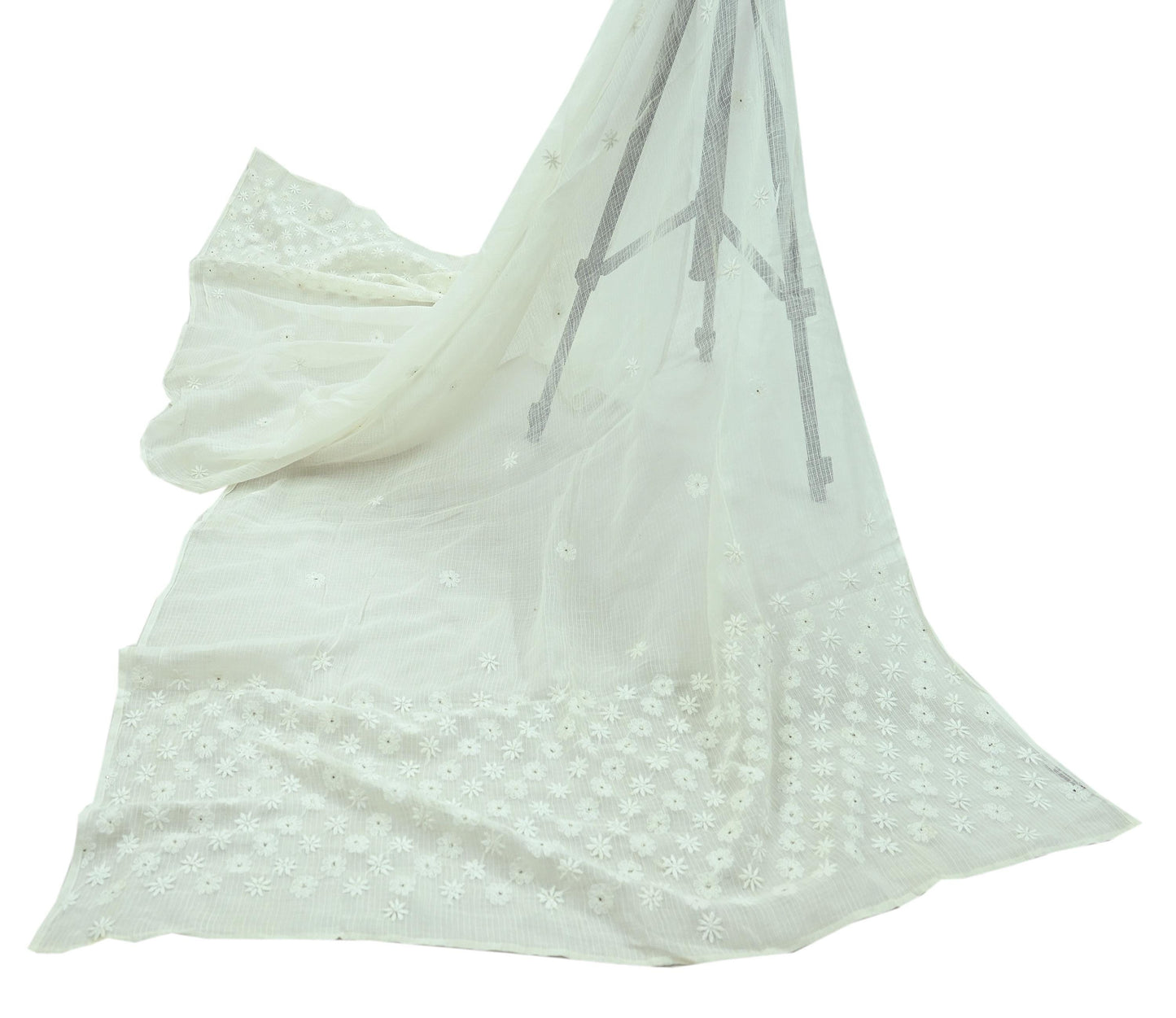 Indian Vintage White Dupatta Long Stole Pure Cotton Handmade Mukesh & Chikankari Scarves Veil Scarf Wrap Hippie Boho Soft