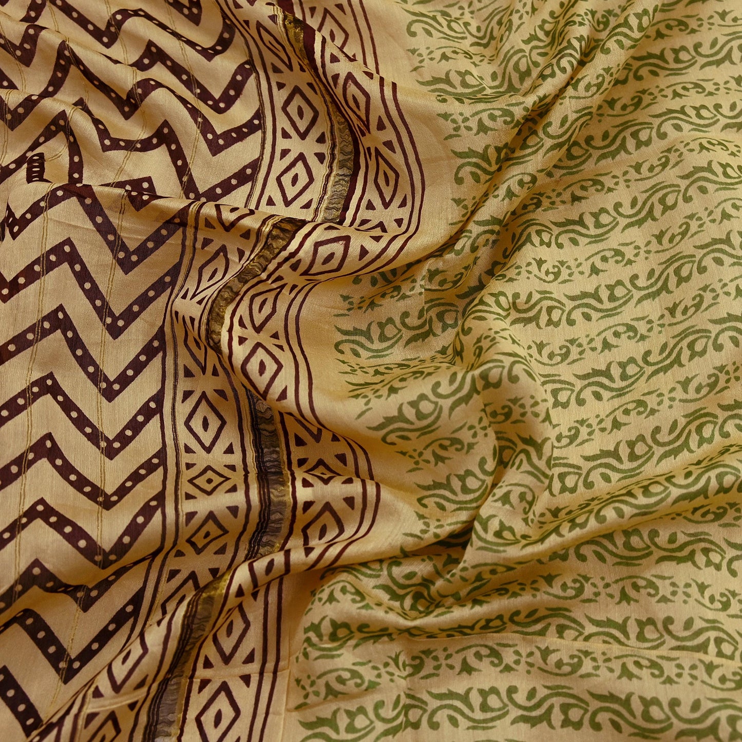 Indian Vintage Dupatta Beige Long Stole Block Print Pure Chanderi Silk Scarves Veil Floral Design Zari Border