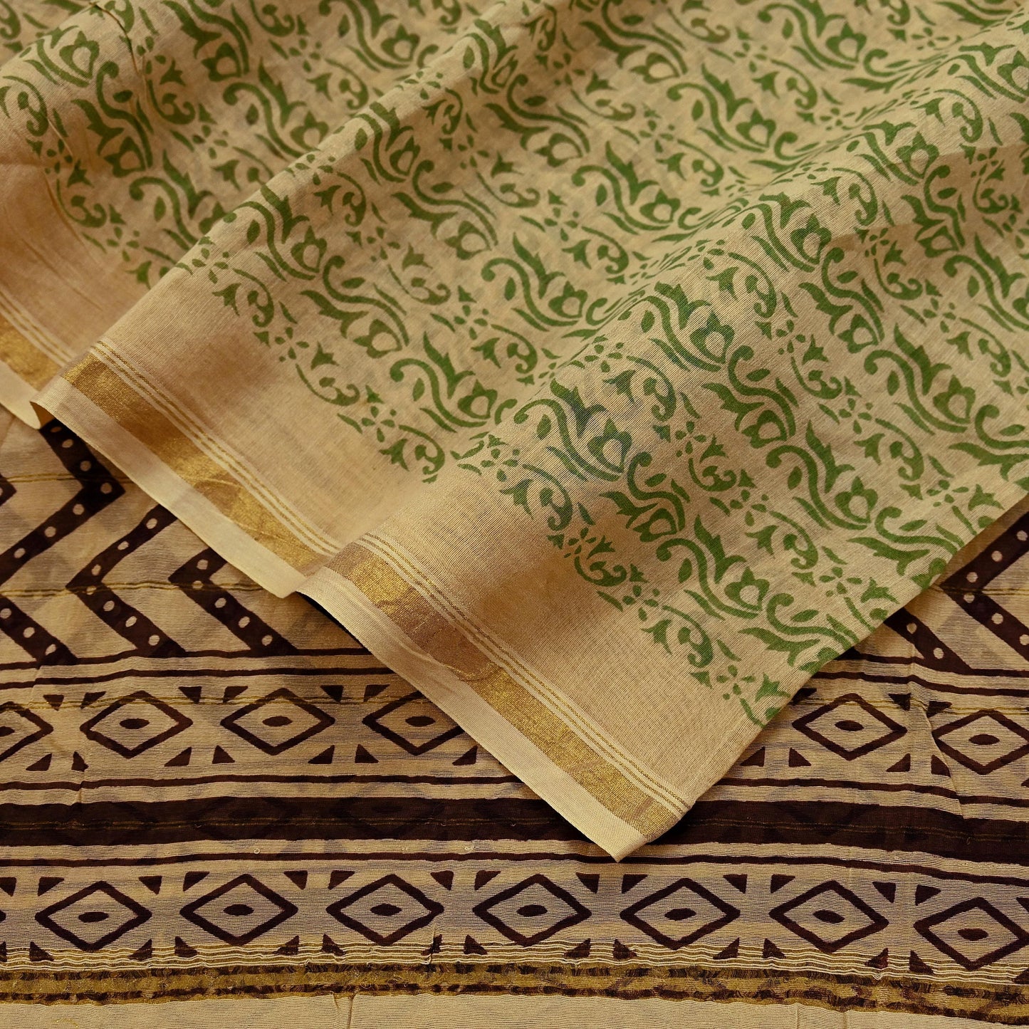 Indian Vintage Dupatta Beige Long Stole Block Print Pure Chanderi Silk Scarves Veil Floral Design Zari Border
