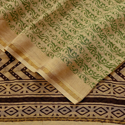 Indian Vintage Dupatta Beige Long Stole Block Print Pure Chanderi Silk Scarves Veil Floral Design Zari Border