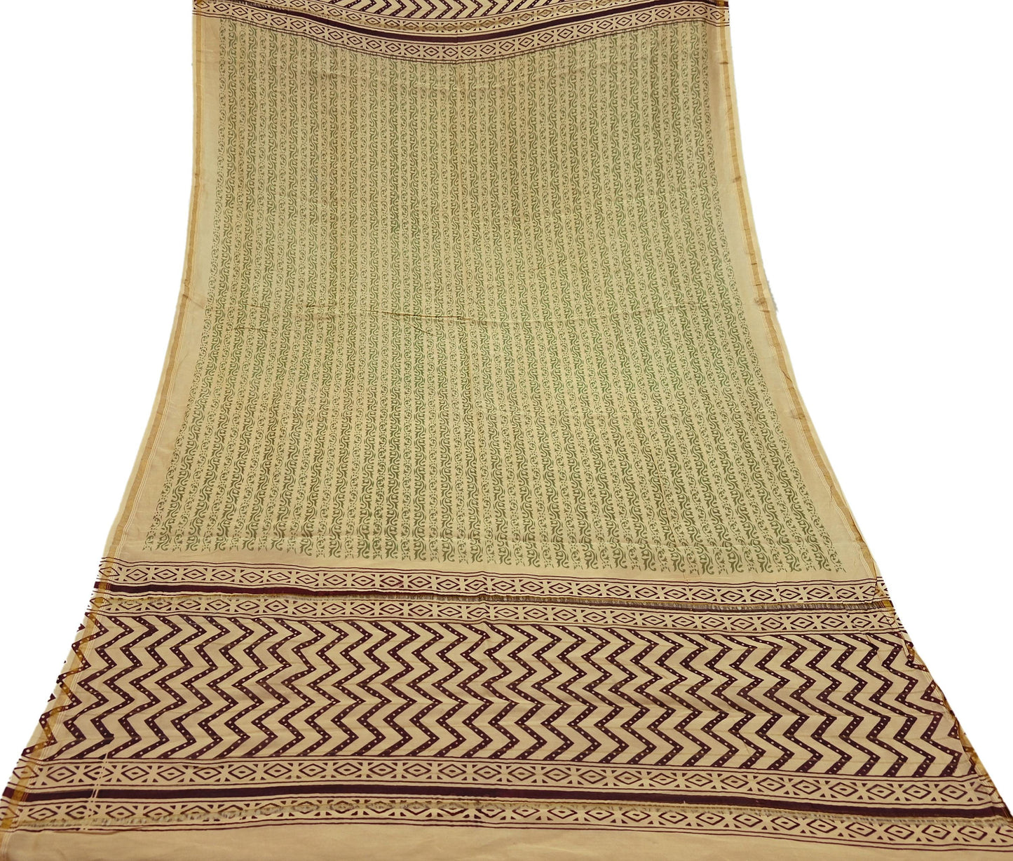 Indian Vintage Dupatta Beige Long Stole Block Print Pure Chanderi Silk Scarves Veil Floral Design Zari Border