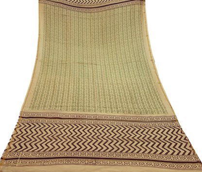 Indian Vintage Dupatta Beige Long Stole Block Print Pure Chanderi Silk Scarves Veil Floral Design Zari Border