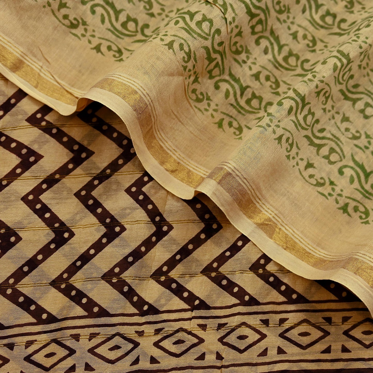 Indian Vintage Dupatta Beige Long Stole Block Print Pure Chanderi Silk Scarves Veil Floral Design Zari Border
