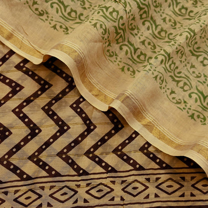 Indian Vintage Dupatta Beige Long Stole Block Print Pure Chanderi Silk Scarves Veil Floral Design Zari Border
