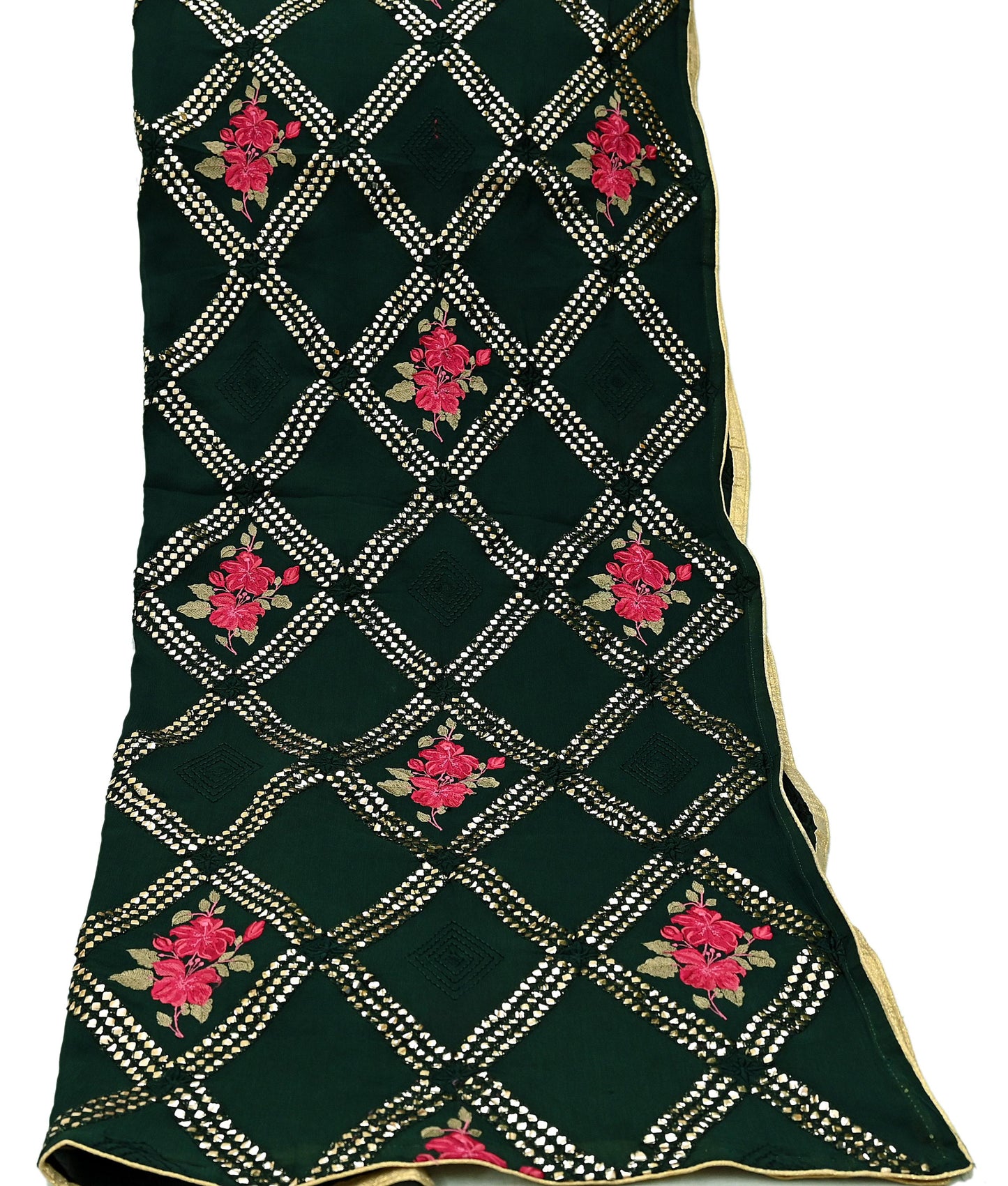 Indian Vintage Bottle Green Dupatta Pure silk Long Stole Hand Embroidered Scarves Floral Design Stole Veil Wrap