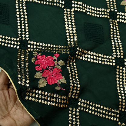 Indian Vintage Bottle Green Dupatta Pure silk Long Stole Hand Embroidered Scarves Floral Design Stole Veil Wrap