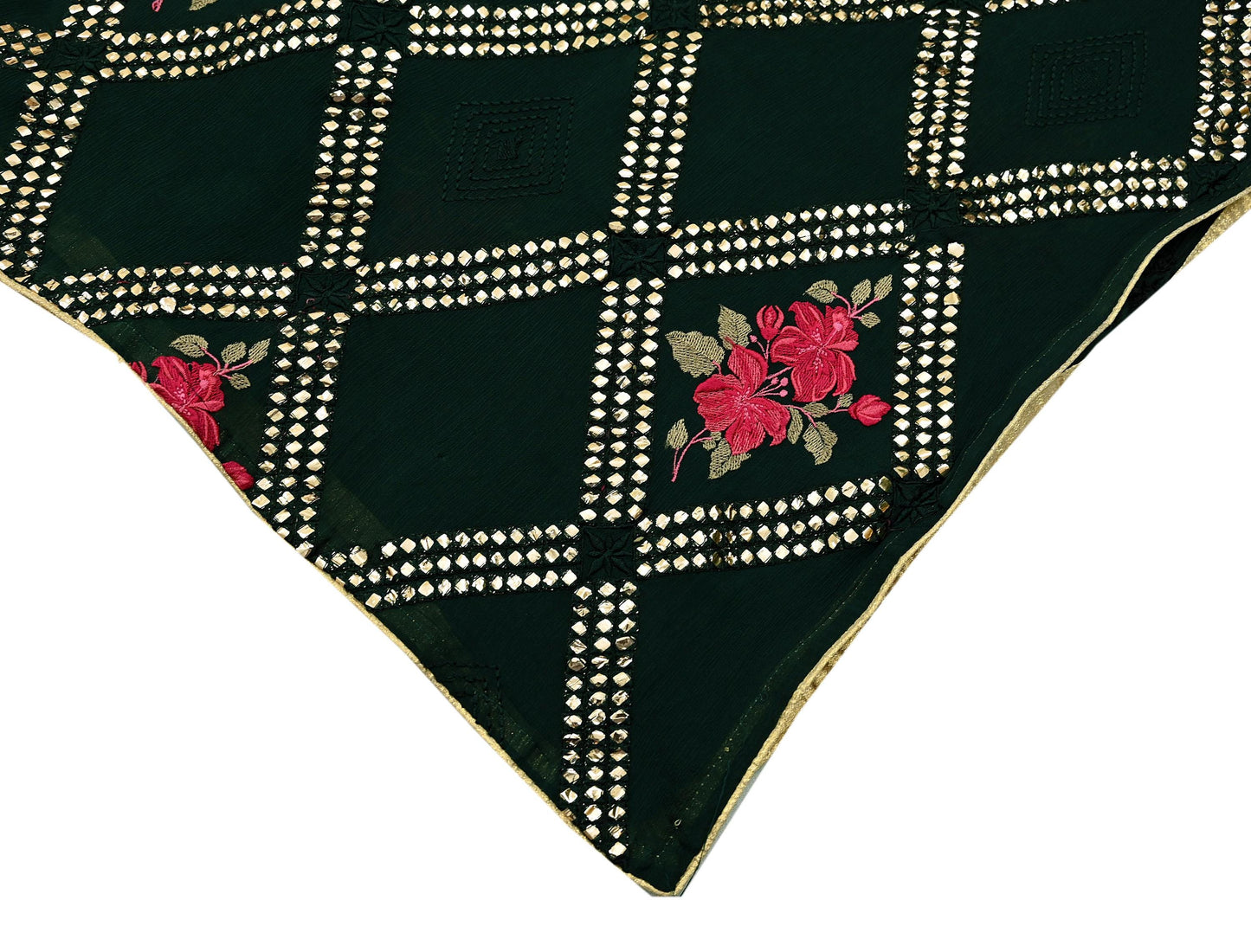 Indian Vintage Bottle Green Dupatta Pure silk Long Stole Hand Embroidered Scarves Floral Design Stole Veil Wrap