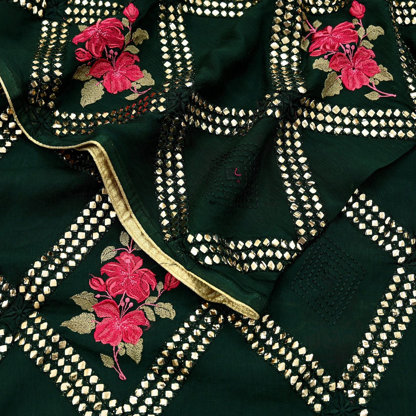 Indian Vintage Bottle Green Dupatta Pure silk Long Stole Hand Embroidered Scarves Floral Design Stole Veil Wrap