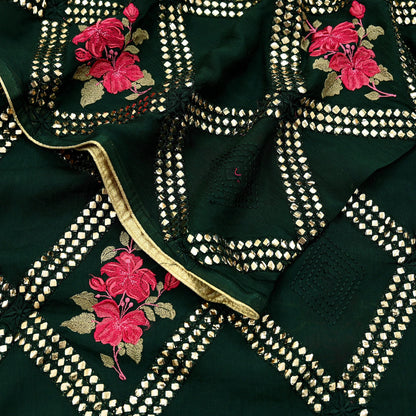Indian Vintage Bottle Green Dupatta Pure silk Long Stole Hand Embroidered Scarves Floral Design Stole Veil Wrap