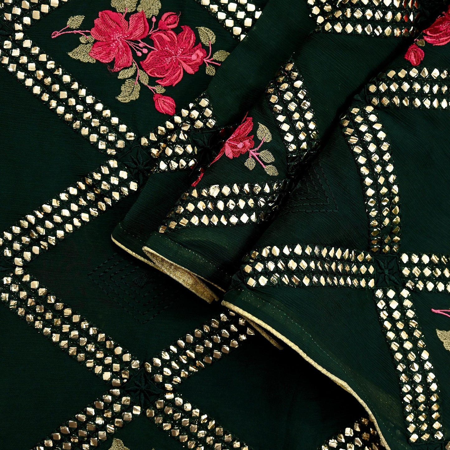 Indian Vintage Bottle Green Dupatta Pure silk Long Stole Hand Embroidered Scarves Floral Design Stole Veil Wrap