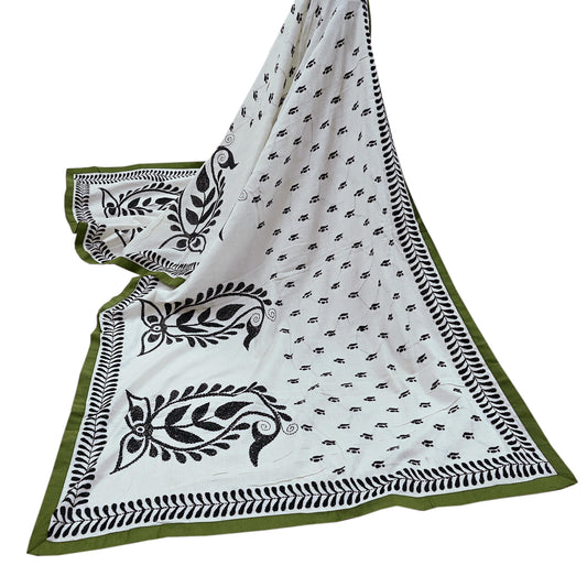 Indian Vintage White Dupatta Long Stole Pure Cotton Hand Embroidered Kantha Scarves Veil Scarf Wrap