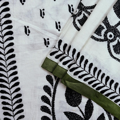 Indian Vintage White Dupatta Long Stole Pure Cotton Hand Embroidered Kantha Scarves Veil Scarf Wrap