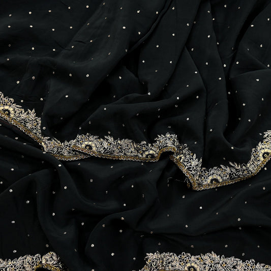 Indian Vintage Black Dupatta Long Stole Pure Crepe Silk Hand Embroidered Scarves Veil Scarf Wrap Hippie Boho Zardozi/ Dabka