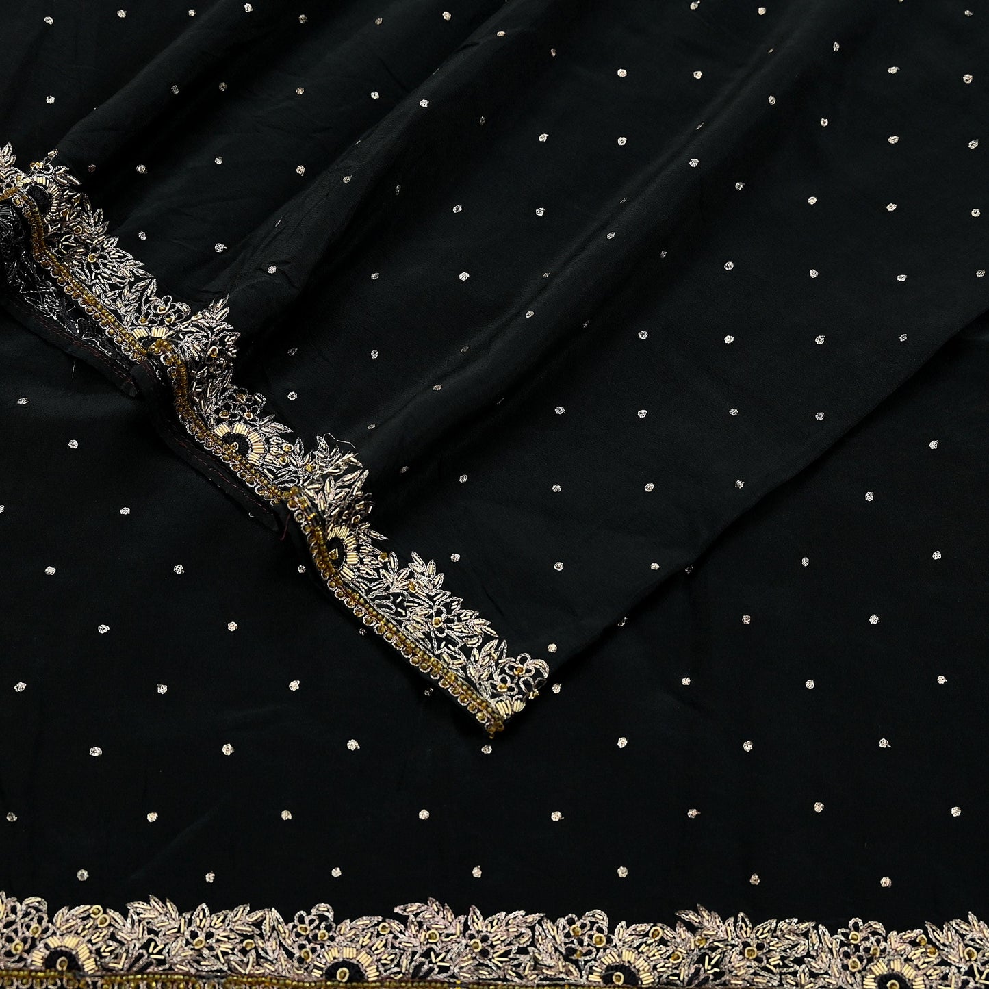 Indian Vintage Black Dupatta Long Stole Pure Crepe Silk Hand Embroidered Scarves Veil Scarf Wrap Hippie Boho Zardozi/ Dabka