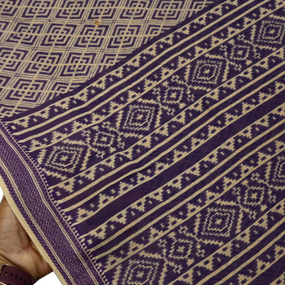 Indian Vintage Sari Beige & Purple Pure Cotton Printed Sarees Craft Fabric Soft 5Yd Sarong Wrap Boho Fabric Kimono Quilting Crafting Upcycle