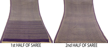 Indian Vintage Sari Beige & Purple Pure Cotton Printed Sarees Craft Fabric Soft 5Yd Sarong Wrap Boho Fabric Kimono Quilting Crafting Upcycle