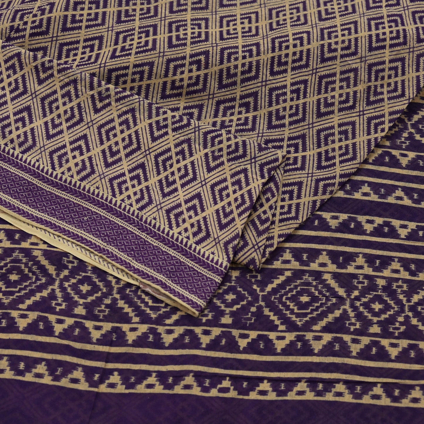Indian Vintage Sari Beige & Purple Pure Cotton Printed Sarees Craft Fabric Soft 5Yd Sarong Wrap Boho Fabric Kimono Quilting Crafting Upcycle