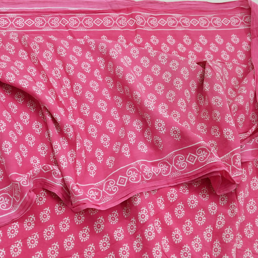 Indian Vintage Sari Pink Block Printed Pure Cotton Sarees 6Yd Craft Fabric Sewing Sarong Wrap Boho Upcycle quilting Dress making