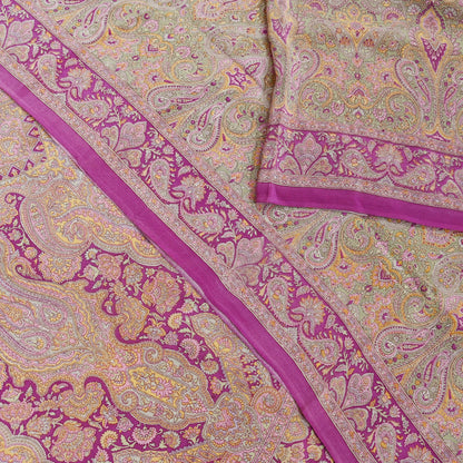 Indian Vintage Sari Green & Purple Pure Crepe Silk Printed Saree 5yd Sewing Floral Craft Fabric Wrap Dress Making Quilting Crafting