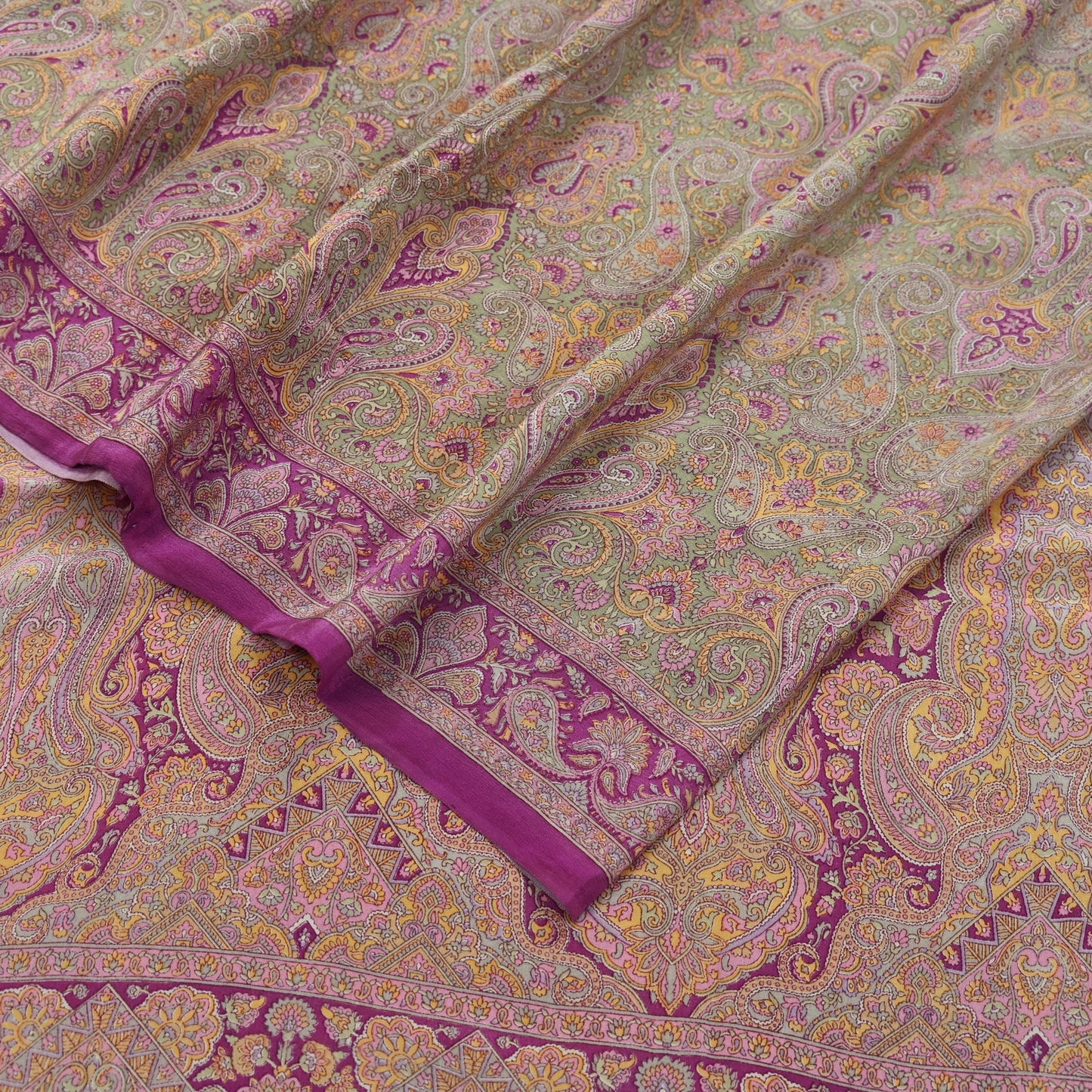 Indian Vintage Sari Green & Purple Pure Crepe Silk Printed Saree 5yd Sewing Floral Craft Fabric Wrap Dress Making Quilting Crafting
