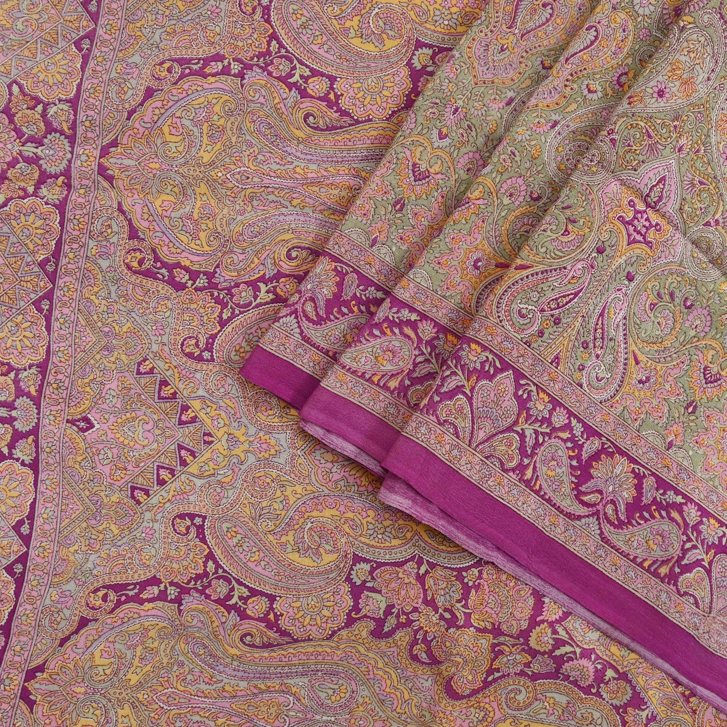 Indian Vintage Sari Green & Purple Pure Crepe Silk Printed Saree 5yd Sewing Floral Craft Fabric Wrap Dress Making Quilting Crafting