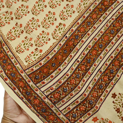 Indian Vintage Sari Beige Pure Crepe Silk Block Printed Sarees 6yd Sewing Floral Soft Craft Fabric Wrap Dress making Crafting Quilting Used