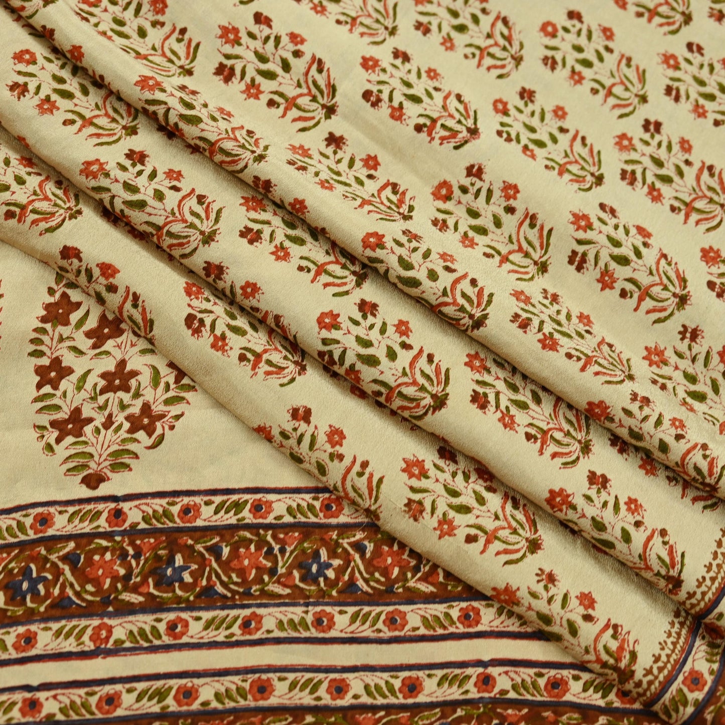 Indian Vintage Sari Beige Pure Crepe Silk Block Printed Sarees 6yd Sewing Floral Soft Craft Fabric Wrap Dress making Crafting Quilting Used