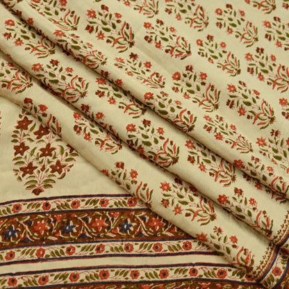 Indian Vintage Sari Beige Pure Crepe Silk Block Printed Sarees 6yd Sewing Floral Soft Craft Fabric Wrap Dress making Crafting Quilting Used