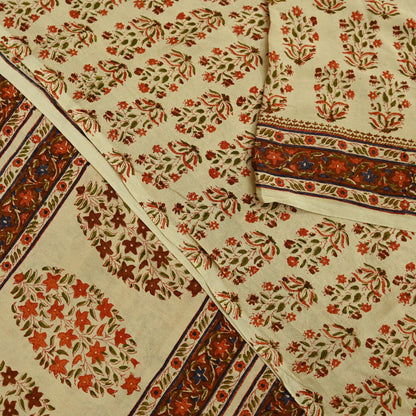 Indian Vintage Sari Beige Pure Crepe Silk Block Printed Sarees 6yd Sewing Floral Soft Craft Fabric Wrap Dress making Crafting Quilting Used