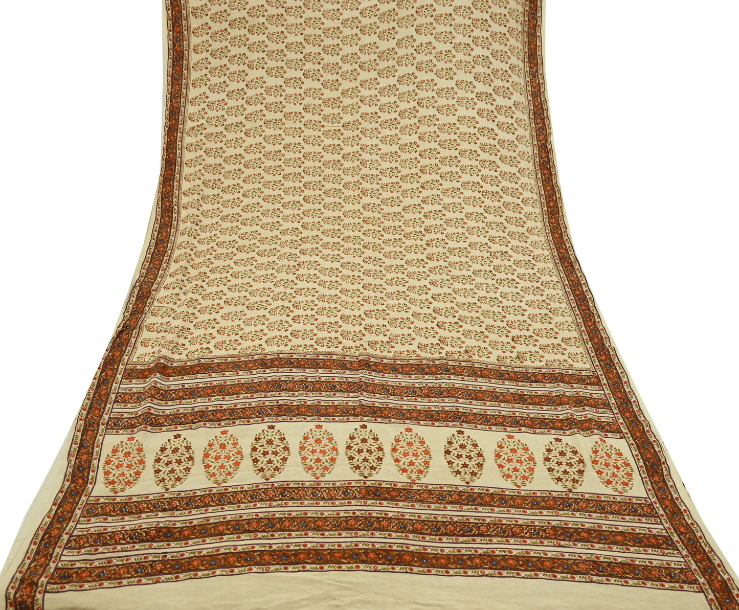 Indian Vintage Sari Beige Pure Crepe Silk Block Printed Sarees 6yd Sewing Floral Soft Craft Fabric Wrap Dress making Crafting Quilting Used