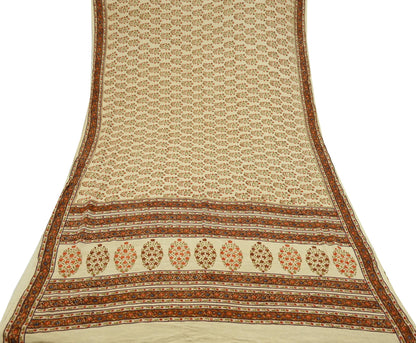Indian Vintage Sari Beige Pure Crepe Silk Block Printed Sarees 6yd Sewing Floral Soft Craft Fabric Wrap Dress making Crafting Quilting Used