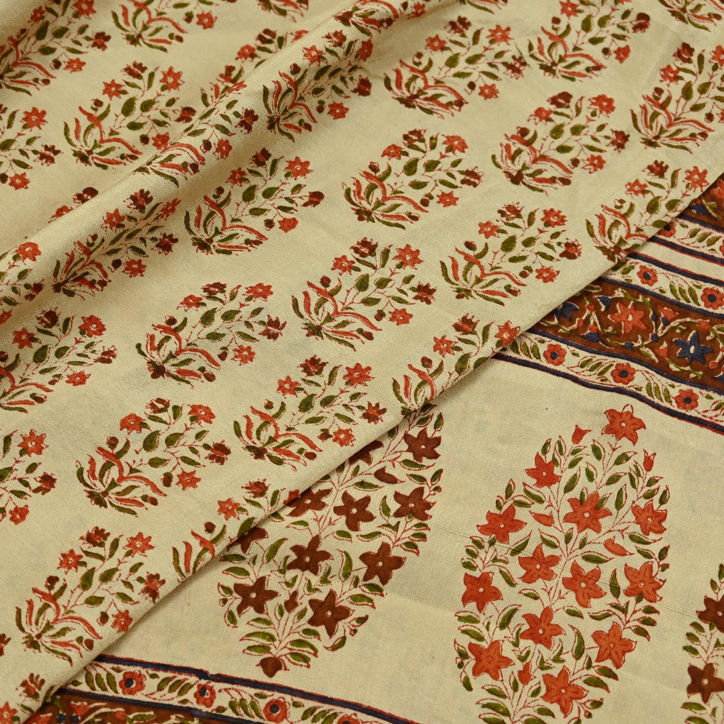 Indian Vintage Sari Beige Pure Crepe Silk Block Printed Sarees 6yd Sewing Floral Soft Craft Fabric Wrap Dress making Crafting Quilting Used