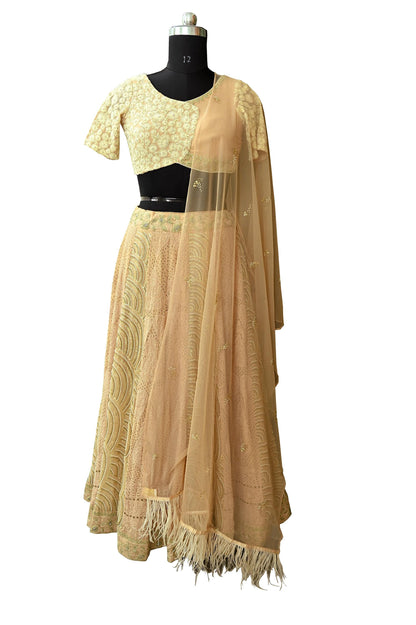 Indian Pre-owned Heavy Hand Embroidered Chikankari/Mukesh Lehenga/Dupatta/Choli 3pcs Set By Designer Abu Jani Pure Georgette Silk