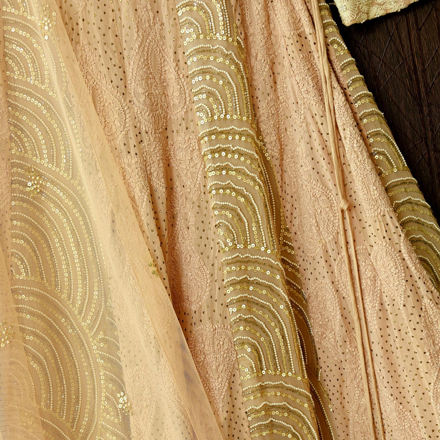 Indian Pre-owned Heavy Hand Embroidered Chikankari/Mukesh Lehenga/Dupatta/Choli 3pcs Set By Designer Abu Jani Pure Georgette Silk