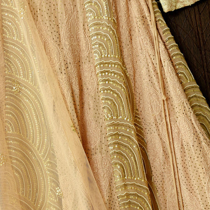 Indian Pre-owned Heavy Hand Embroidered Chikankari/Mukesh Lehenga/Dupatta/Choli 3pcs Set By Designer Abu Jani Pure Georgette Silk
